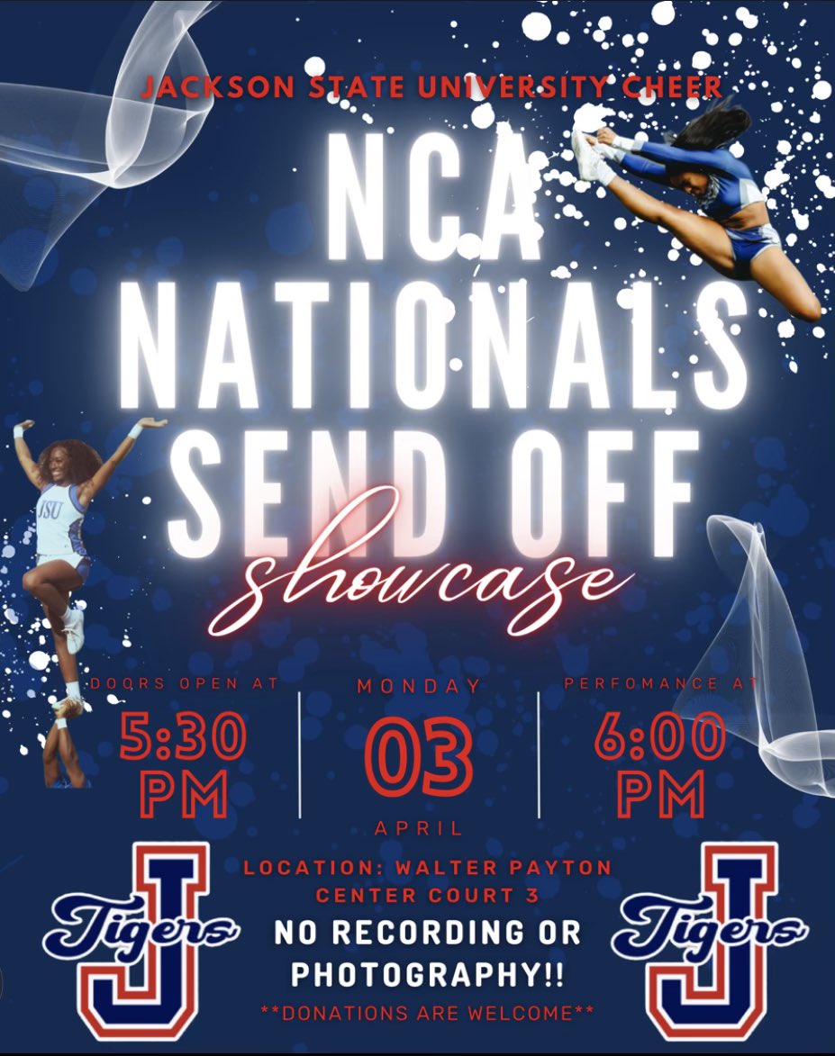 Jackson State Athletics (@gojsutigers) on Twitter photo Tigers fans,
It’s time to cheer on your <a href="/JSUTIGERSCHEER/">GOJSUTIGERSCHEER</a> team at their NCA Nationals showcase tomorrow evening at 5:30 pm in the Walter Payton Center♥️🤍💙
#TheeILove | #SWACCheer | #GoJSUTigers🐅 Tigers fans,
It’s time to cheer on your <a href="/JSUTIGERSCHEER/">GOJSUTIGERSCHEER</a> team at their NCA Nationals showcase tomorrow evening at 5:30 pm in the Walter Payton Center♥️🤍💙
#TheeILove | #SWACCheer | #GoJSUTigers🐅