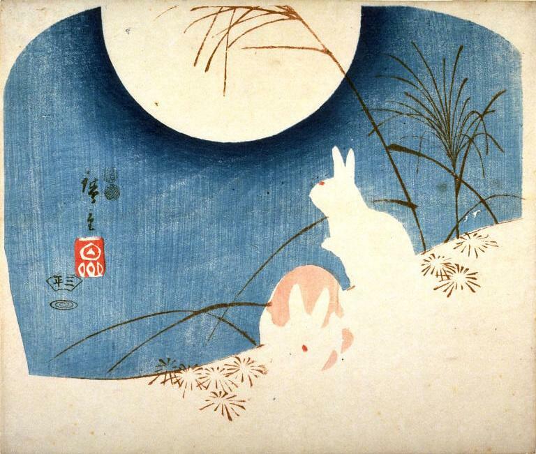 Untitled (Two Rabbits, Pampas Grass, and Full Moon), 1851 #hiroshige #ukiyoe wikiart.org/en/hiroshige/u…