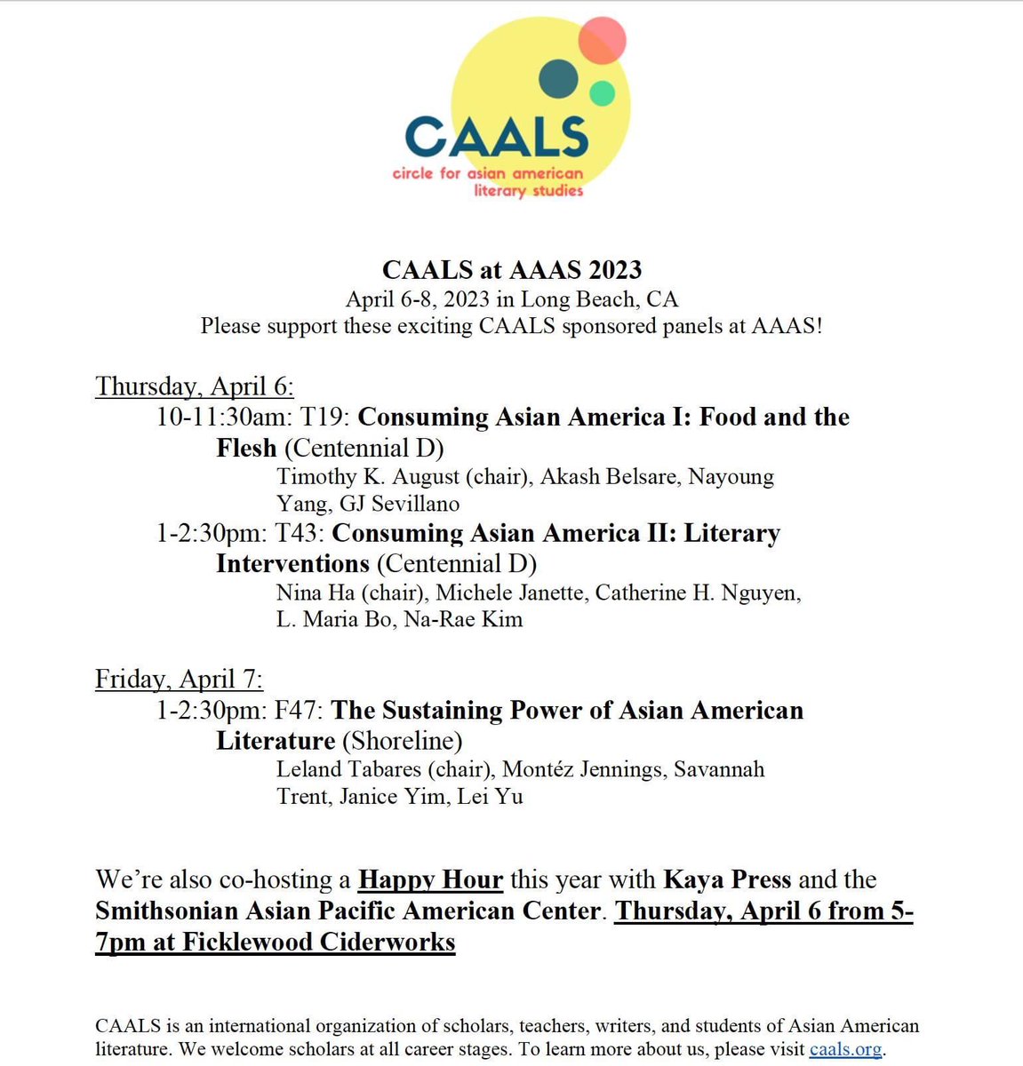 Hi all! If folks are going to <a href="/AAAStudies/">AAAStudies</a>, please check out our panels and events! We also planned a happy hour at the hotel bar on Thurs. at 4pm (April 6th). No rsvp needed. Feel free to reply with your own session so that we can support each other!!