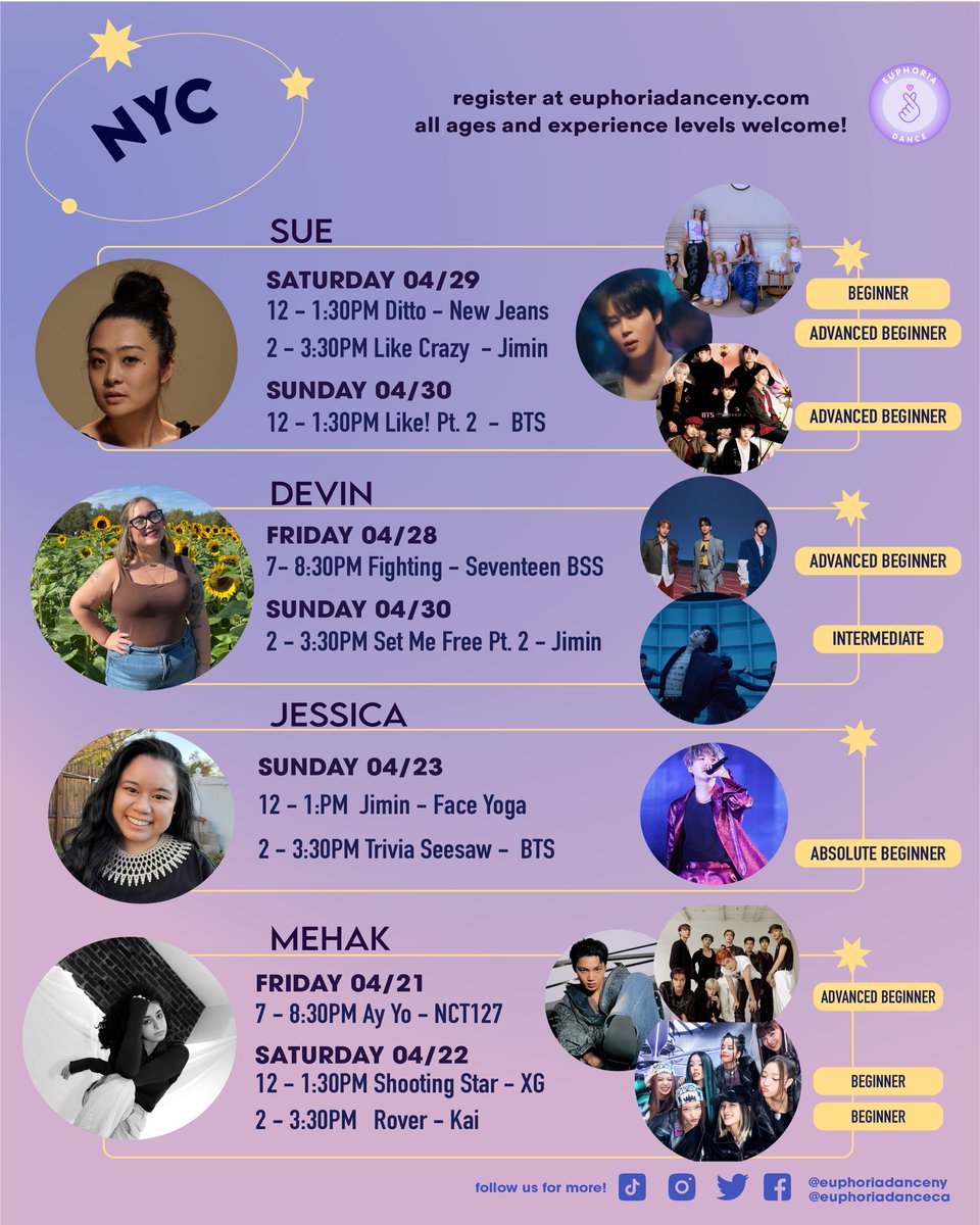 EuphoriaDanceNY's tweet photo. #NYC #LA #OC :

April #kpopdanceclass sign ups are now open!! 💫⚡️

We’re so excited to dance with you this month 💃🪩🕺🏽

sign up at https://t.co/lsHzKfLWS8 ✨

#BTS #KPOP #XG #SVT #NewJeans #JIMIN #KAI #NCT127 https://t.co/WWITpTT9EN