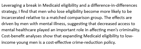 A # of studies have shown that Medicaid expansion reduces crime. A new study suggests the mechanism is via access to mental healthcare. Even if this won't convince states that have yet to expand Medicaid to do so, broadly expanding access to mental healthcare has large benefits.