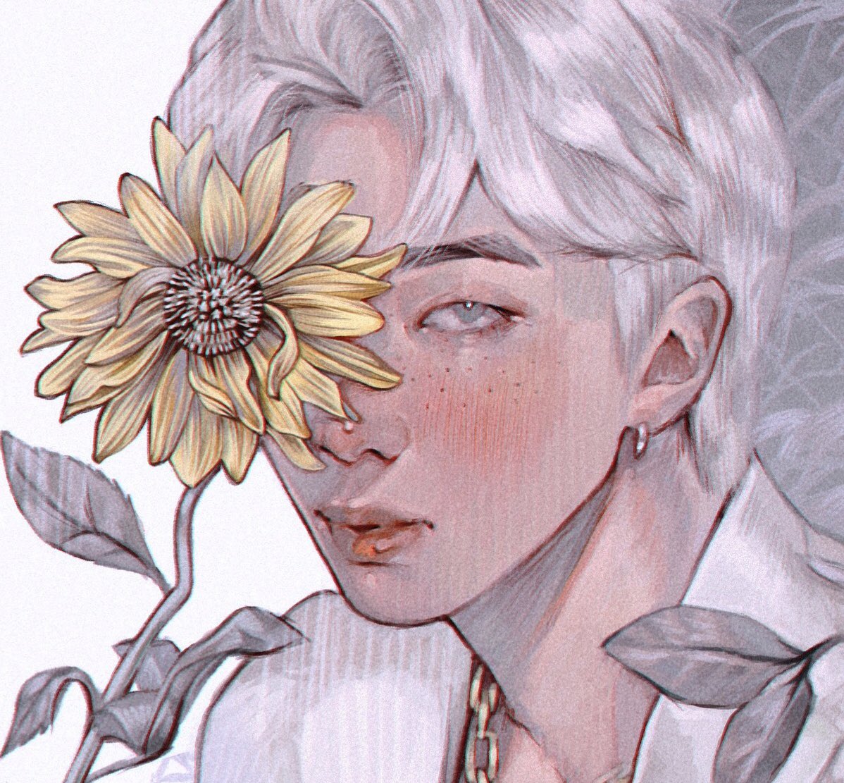 solo flower 1boy male focus jewelry earrings white hair  illustration images