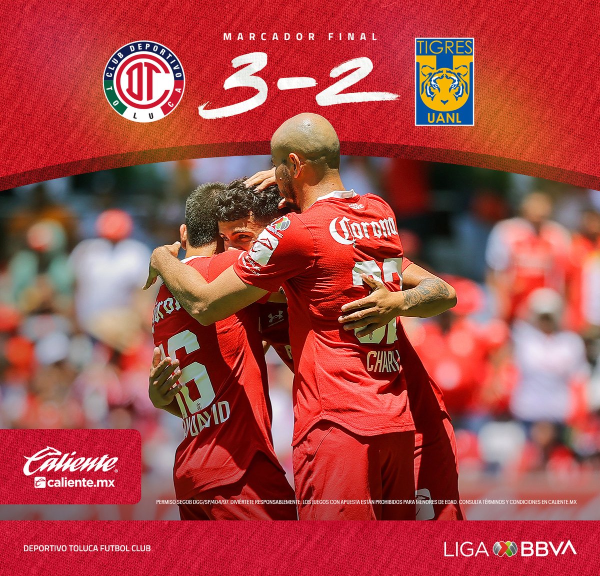 TolucaFC's tweet photo. ⏱ 90+6’ | 👹 3-2 🐯 | #𝗝𝗼𝗿𝗻𝗮𝗱𝗮𝟭𝟯

¡Los 3 puntos se quedan en casa, infernal triunfo de nuestros Diablos ante @TigresOficial!

𝘗𝘳𝘦𝘴𝘦𝘯𝘵𝘢𝘥𝘰 𝘱𝘰𝘳: @calientesports.
 
#𝗥𝗼𝗷𝗼DeMiVida https://t.co/Nx6X3aEwqL