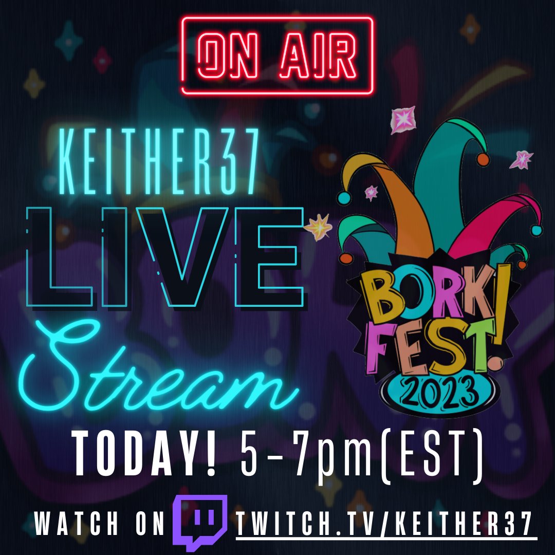 Keither37's tweet photo. TODAY'S THE DAY! Don't miss my BorkFest stream from 5-7pm! We are playing #whatsamusic with a theme wheel. Add themes to the wheel by following, choose the theme by subscribing, and remove a theme from the wheel with any cheer/donation! #borkfest #twitchstreamer https://t.co/qh2mkVmS4v