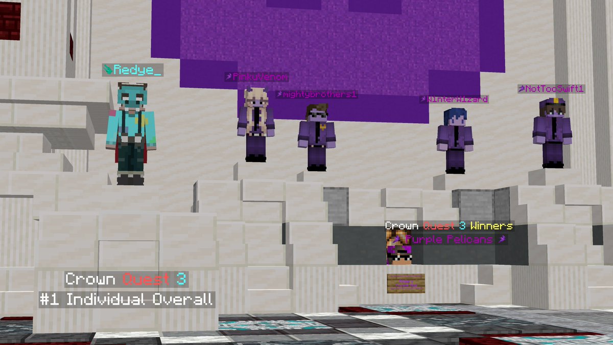 CrownQuestMC's tweet photo. The winner's podium of Crown Quest 3 as well as the #1 individual podium. #CrownQuest #CQ3 

@RedyeTweets @pinkuvenom @mightybrothers2 @W1nterW1zard @NotToo_Swift https://t.co/PQ6YUVjoXu