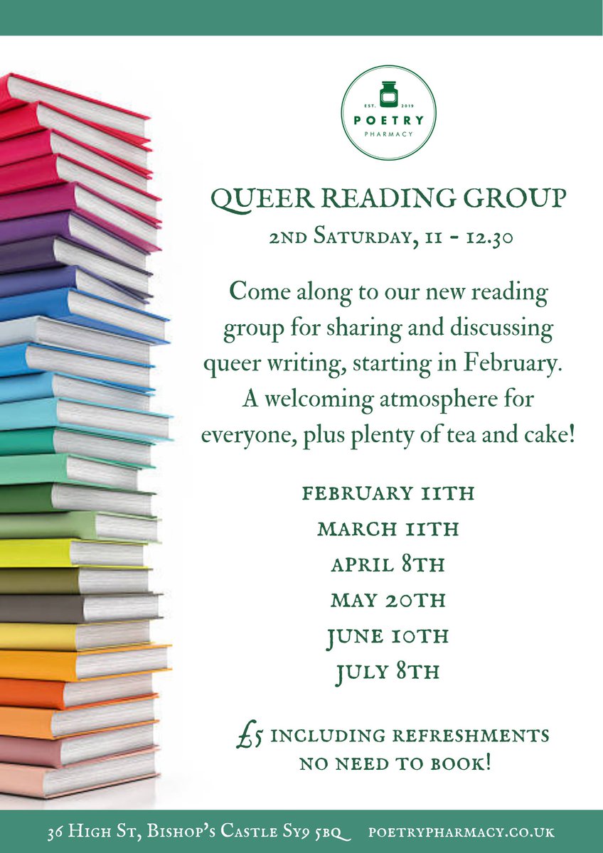 Looking forward to a lovely April day full of poetry next Saturday 8th-from 11am to 12.30pm our Queer Reading Group hosted by Rhiannon Hooson &amp; then hang around for the launch of the NT Book of Nature Poems with readings from Jean Atkin, Chris Kinsey and Clare Shaw from 1 to 2pm!