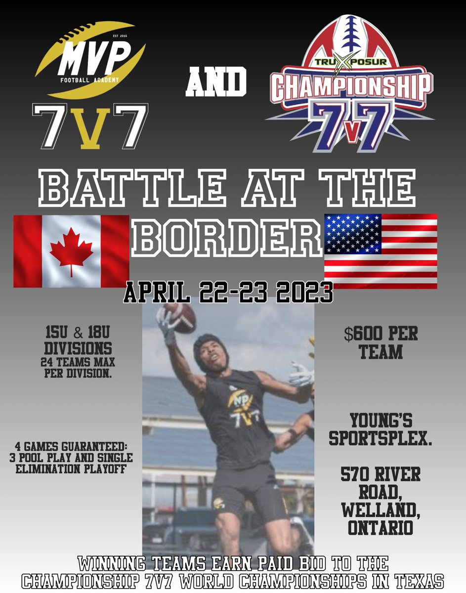 Next up on our tournament circuit is our own tournament in partnership with <a href="/Championship7v7/">Championship 7v7</a>!! April 22-23 it’s going down in Welland with teams from 5 provinces and the 🇺🇸. Less than 2 weeks to register get your spot and don’t miss out on the best competition in 🇨🇦!!