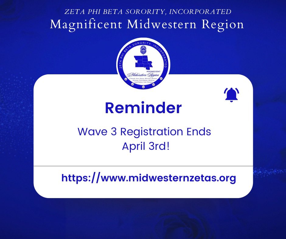 MidwesternZetas's tweet photo. Reminder the Regionals Registration closes tomorrow, April 3rd! We hope to see you all there 💙🕊️ https://t.co/2KFJyAgrQp