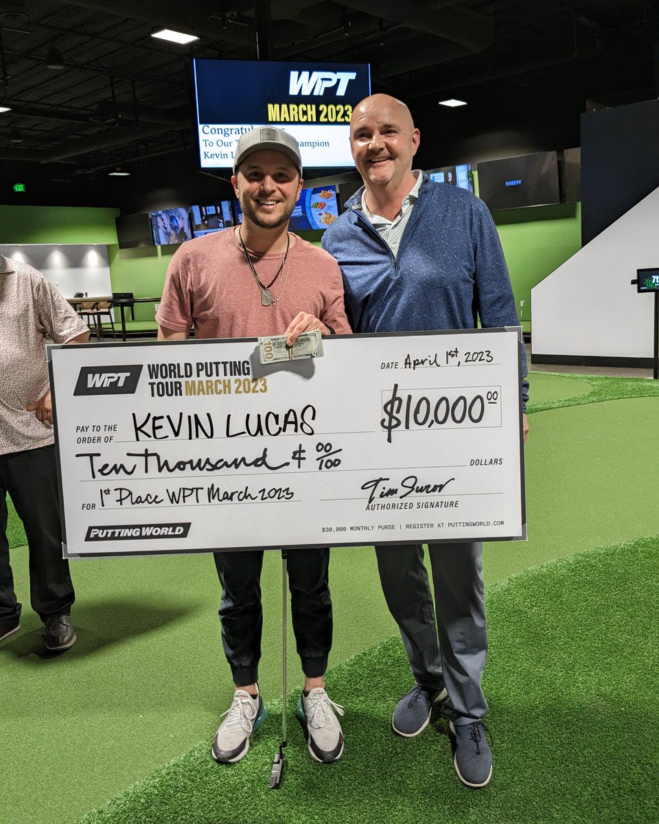 PuttingWorld's tweet photo. Congrats to Kevin Lucas on winning 1st place & taking home $10k cash in the first ever World Putting Tour tourney!
Thanks to all WPT players for participating.
Registration for April tournament starts today! Another $30,000 purse up for grabs. #bringyourgamer #pw #puttingworld https://t.co/JBSufQ7M1x