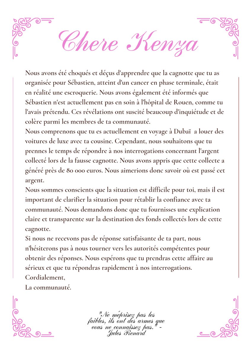 LiLith_mechante's tweet photo. ✒✉📬📮Ceci est un message à l'attention de Kenza Bencherif alias #poupette #poupettekenza qui a créé une cagnotte pour un faux malade (cagnotte 80 000€ ) https://t.co/eSLh0aN1qL