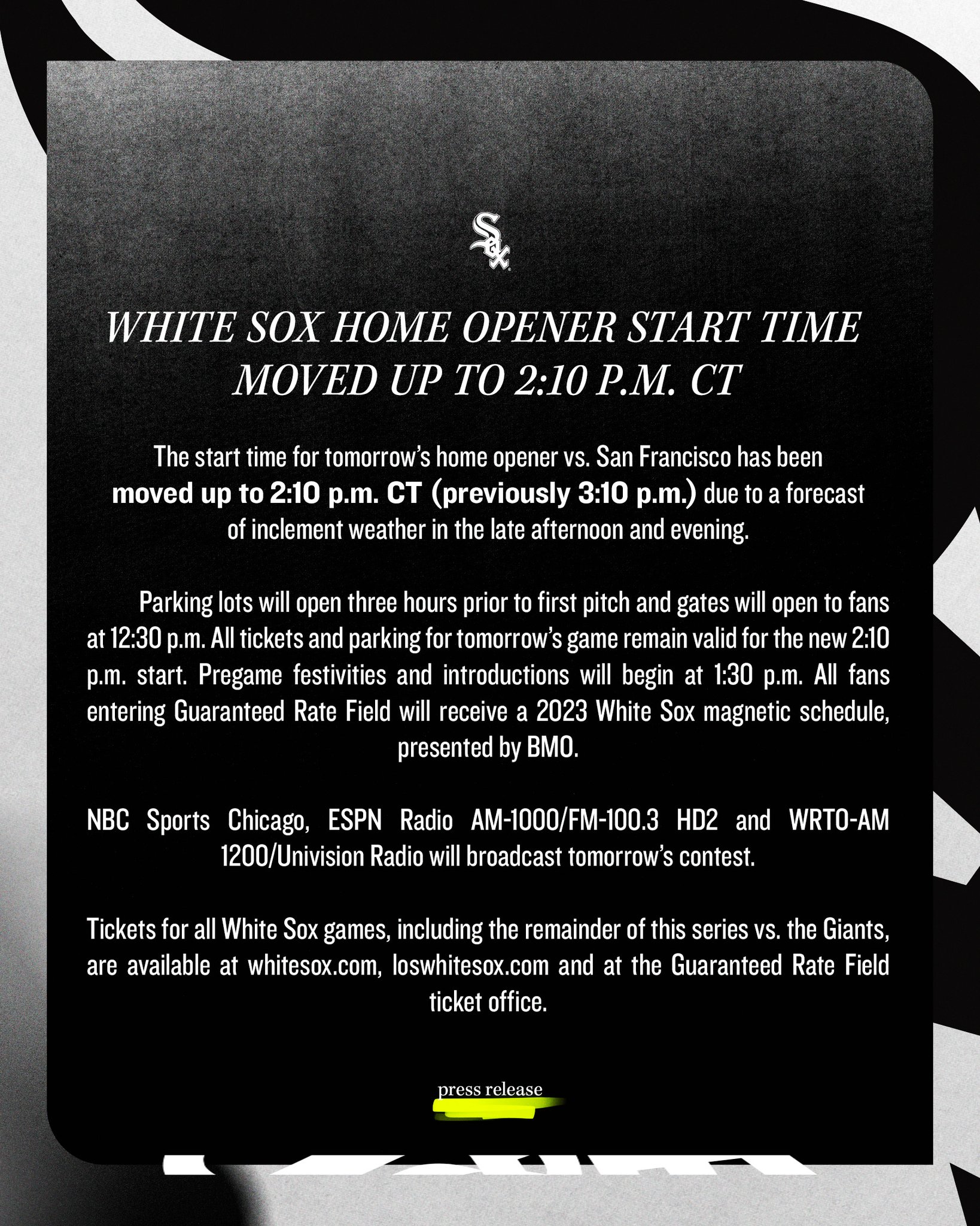 Chicago White Sox on Twitter "The start time for tomorrow’s WhiteSox