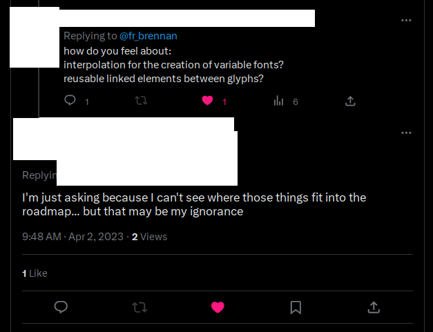 MFEKglif's tweet photo. Answering an anonymous question about the MFEKglif roadmap.

The question is particularly good as it shows how the four main planned modules of MFEK—MFEKufo, MFEKglif, MFEKdesignspace, and MFEKmetrics, do and will interoperate.

Some of what was mentioned is done, most not. https://t.co/yb47L3ZUjk