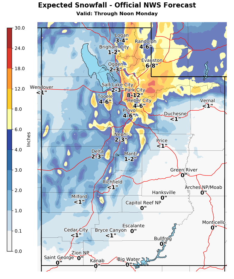 NWSSaltLakeCity's tweet photo. ❄️🧵(1/4) Our upcoming storm will be a LONG DURATION event with many aspects of the storm, but here we will break down the storm into two phases. TLDR; Phase 1: Snow totals Now-Noon Monday (left image)
Phase 2: Snow totals Noon Monday-Midnight Wednesday (right image) #utwx #wywx https://t.co/rtY2FhFMOj