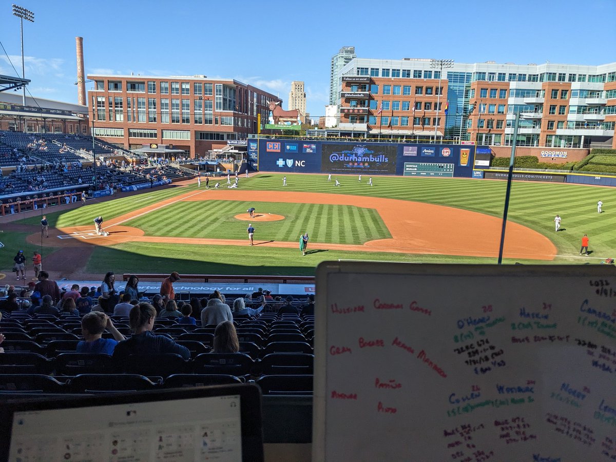 PatrickKinas's tweet photo. Series finale of season-opening weekend for @DurhamBulls (0-2) v @NorfolkTides (2-0)
#LuisPatino v #SpenserWatkins
4:48pE air, 5:05 first pitch @BuzzSportsRadio from #DBAP
#MichaelJohnsShow topics: #JoshLester, #Patino, #KameronMisner, #CurtisMead & #JonathanAranda
#RaysUp https://t.co/Hhts3GptZf