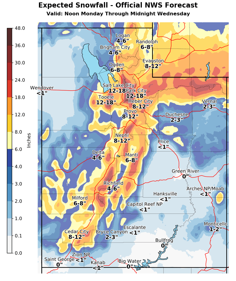 NWSSaltLakeCity's tweet photo. ❄️🧵(1/4) Our upcoming storm will be a LONG DURATION event with many aspects of the storm, but here we will break down the storm into two phases. TLDR; Phase 1: Snow totals Now-Noon Monday (left image)
Phase 2: Snow totals Noon Monday-Midnight Wednesday (right image) #utwx #wywx https://t.co/rtY2FhFMOj