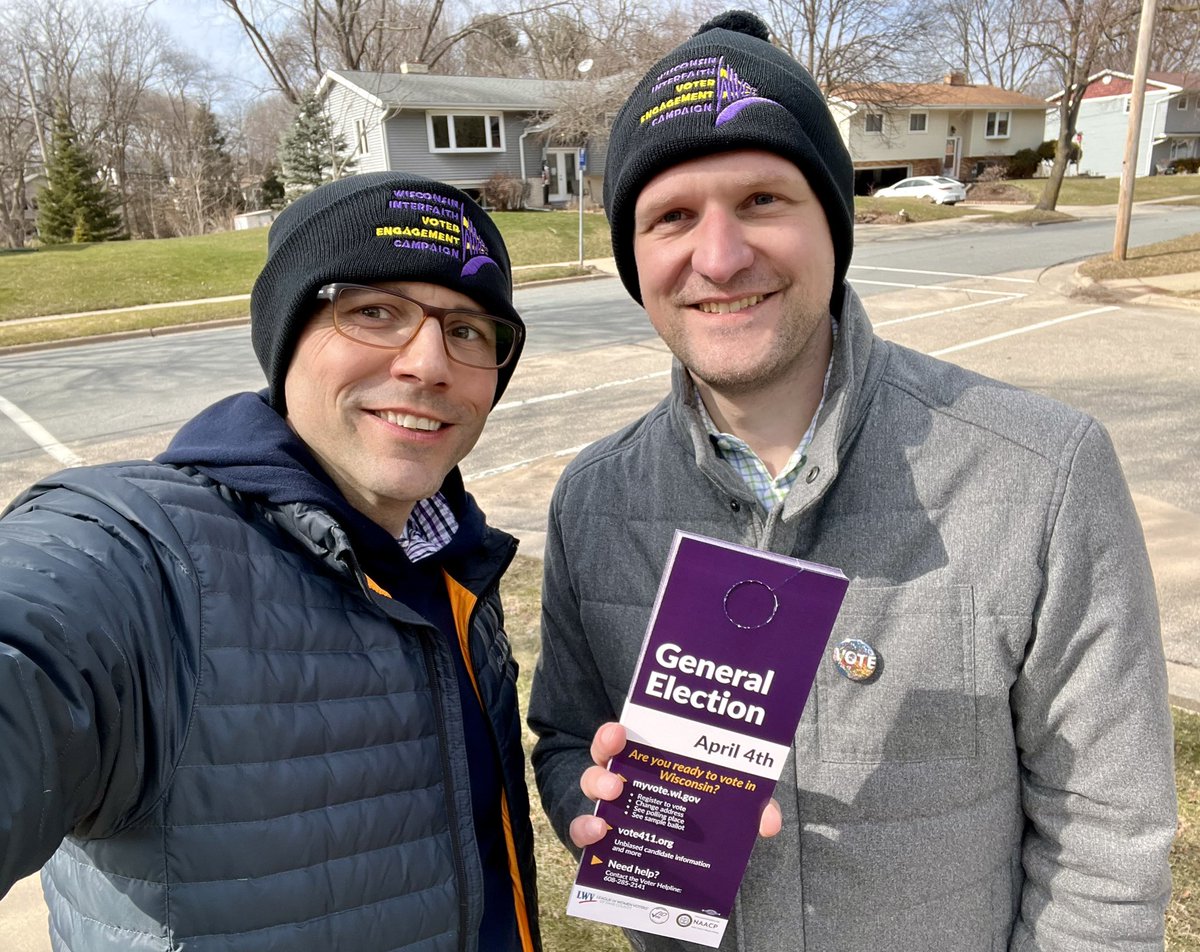 JWDuncan's tweet photo. What a busy day of knocking on doors to get out the vote for this Tuesday’s critical election. It was great walking with @teamgoldwi this morning and the League of Women Voters of Dane County this afternoon!

#democracy #yourvoiceyourvote #madisonwi https://t.co/NyO5BL3Rxf