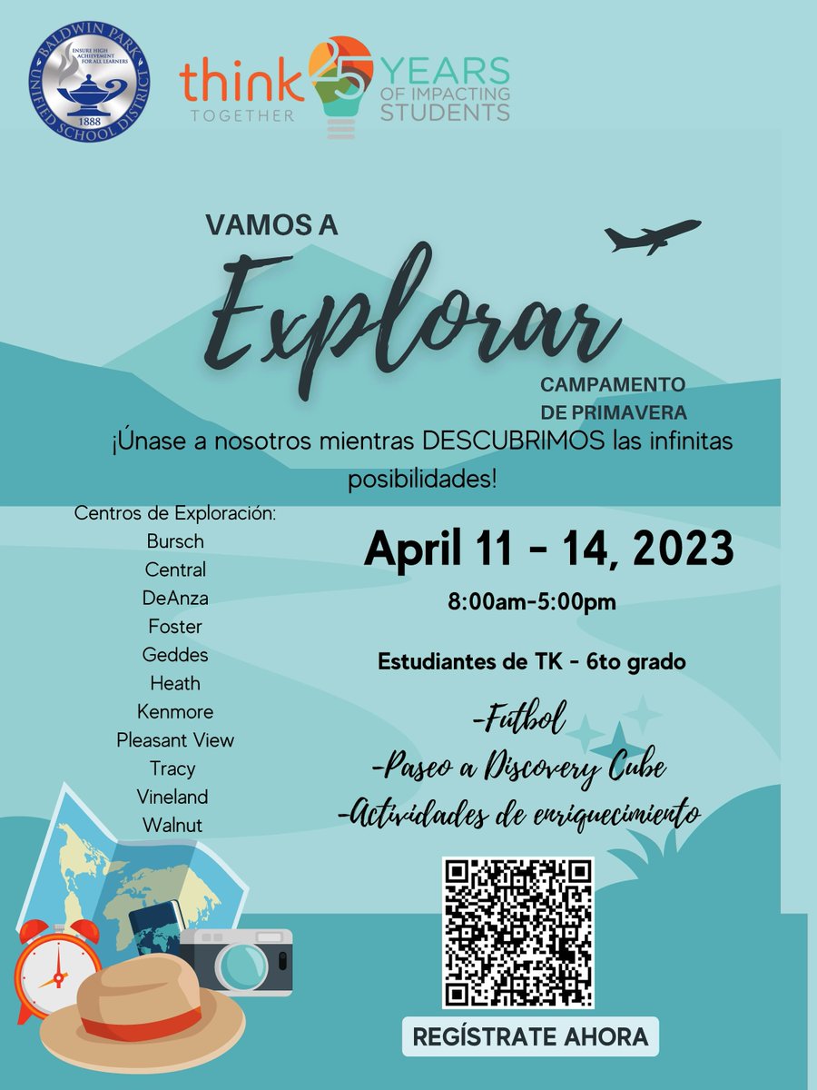 Baldwin Park Unified elementary school students are invited to join Think Together's spring camp, running from Tuesday, April 11 to Friday, April 14! Click the link for more info or scan the QR code to register. buff.ly/3ZrPVOd #BaldwinPark #edchat #education #learning