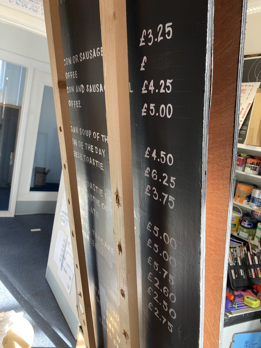 KatieJoAnd's tweet photo. A lot of numbers rattled out today with a set of menu boards refreshed on a sunny Sunday. #alwayshandpaint https://t.co/lL2XyXHt5c