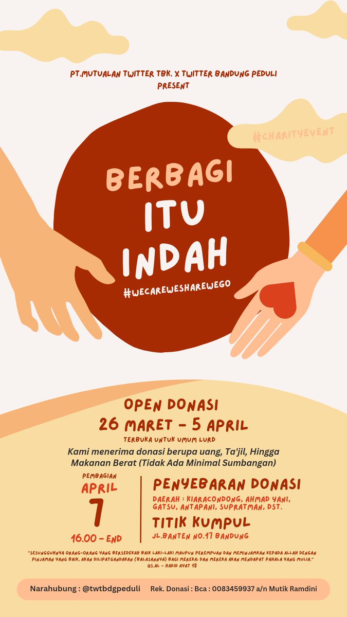 Berbagi Itu Indah 
#CharityEvent Bagi Bagi TaJil

Supported by : PT. Mutualan Twitter X @Twtbdgpeduli
7 April 2023 
16.00 - Selesai
Mari donasi dan ikut langsung mendistribusikan di hari Jumat.

Info lebih lanjut @twtbdgpeduli