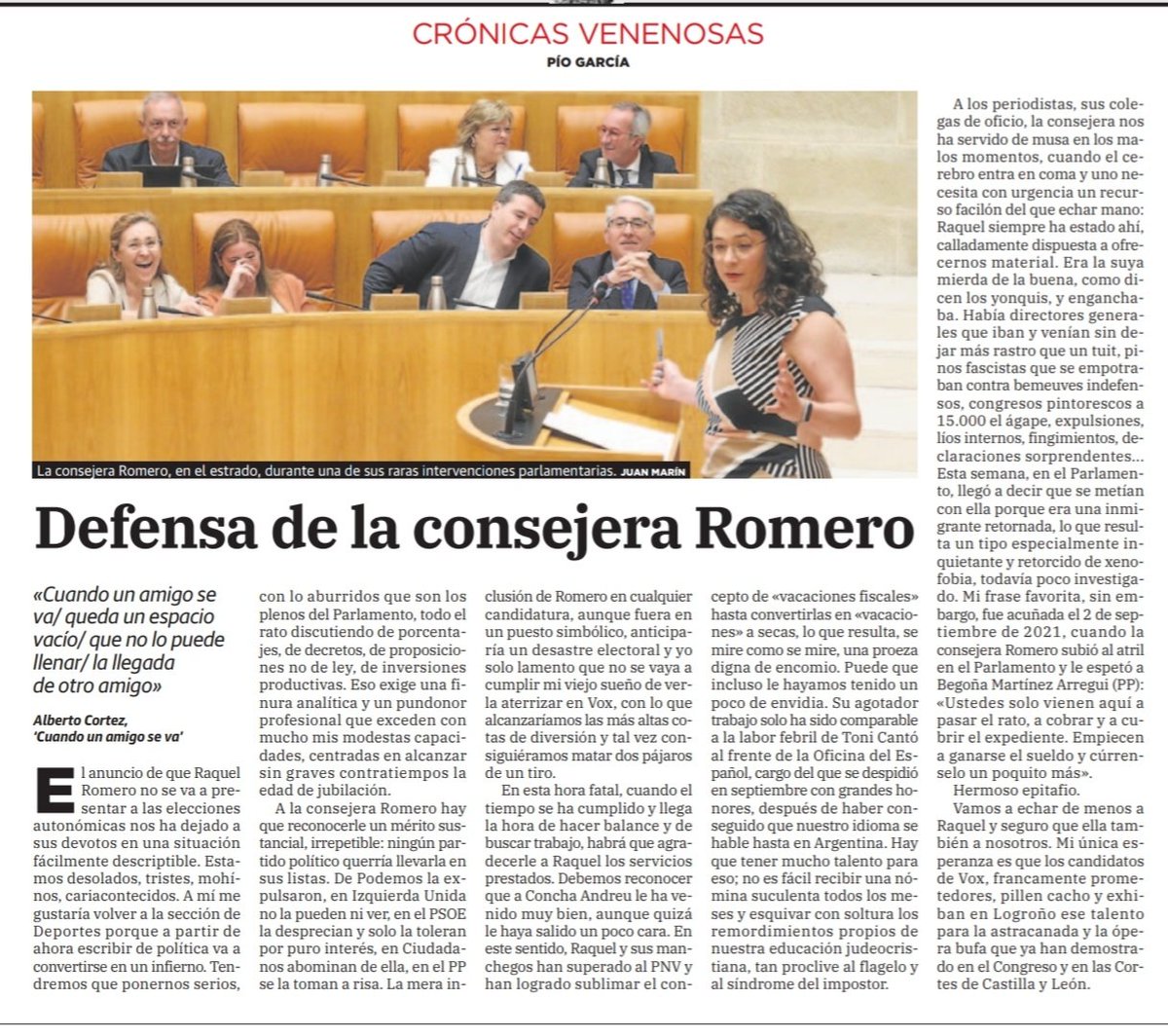 aalvaropalacios's tweet photo. Hoy, a diferencia de otras veces, toca la defensa de nuestra consejera del Gobierno de #LaRioja @RaquelRomeroA 

De ello se encarga @PioGarcia70 en sus crónicas venenosas de @lariojacom 

Ya queda poco, pero su trabajo estos años va a perdurar en nuestros recuerdos para siempre https://t.co/HSL0eNAhMX