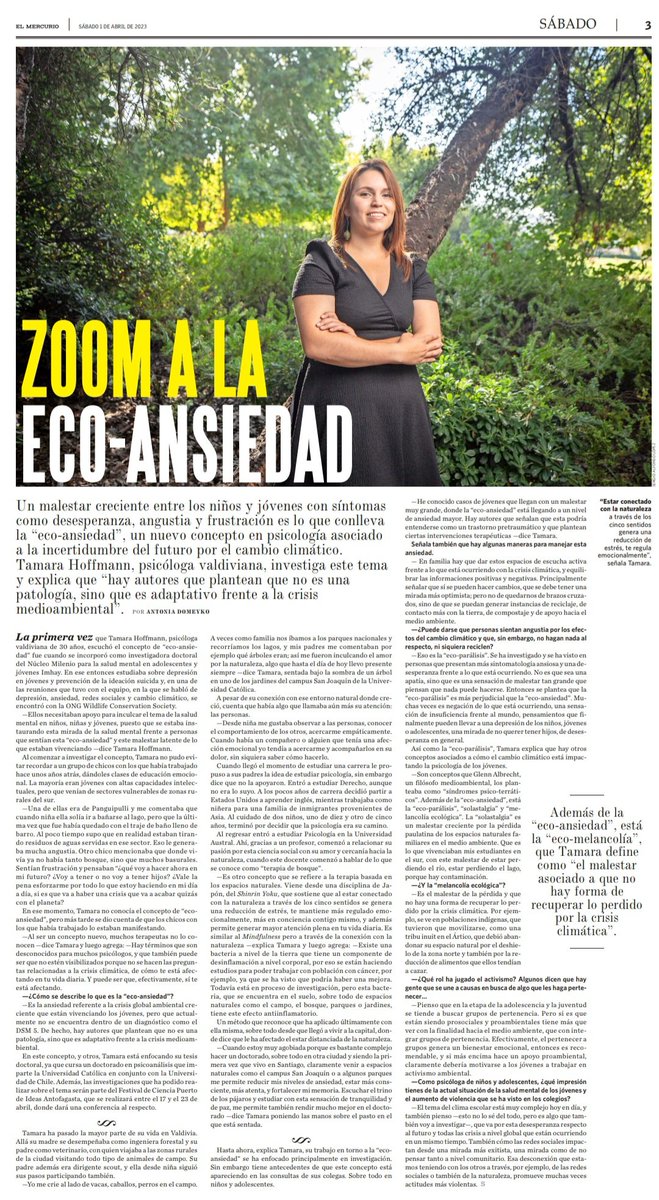 Revista_Sabado's tweet photo. Zoom a la eco-ansiedad

“Estar conectado con la naturaleza a través de los cinco sentidos
genera una reducción de estrés, te regula emocionalmente”, señala Tamara Hoffmann, psicóloga e investigadora. https://t.co/W3OD6YXeHa