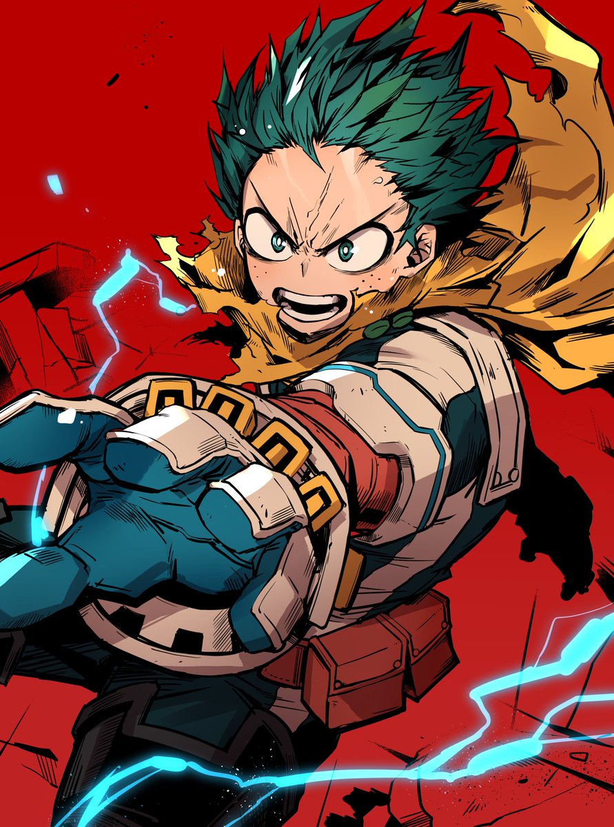 midoriya izuku male focus 1boy gloves green hair solo red background open mouth  illustration images