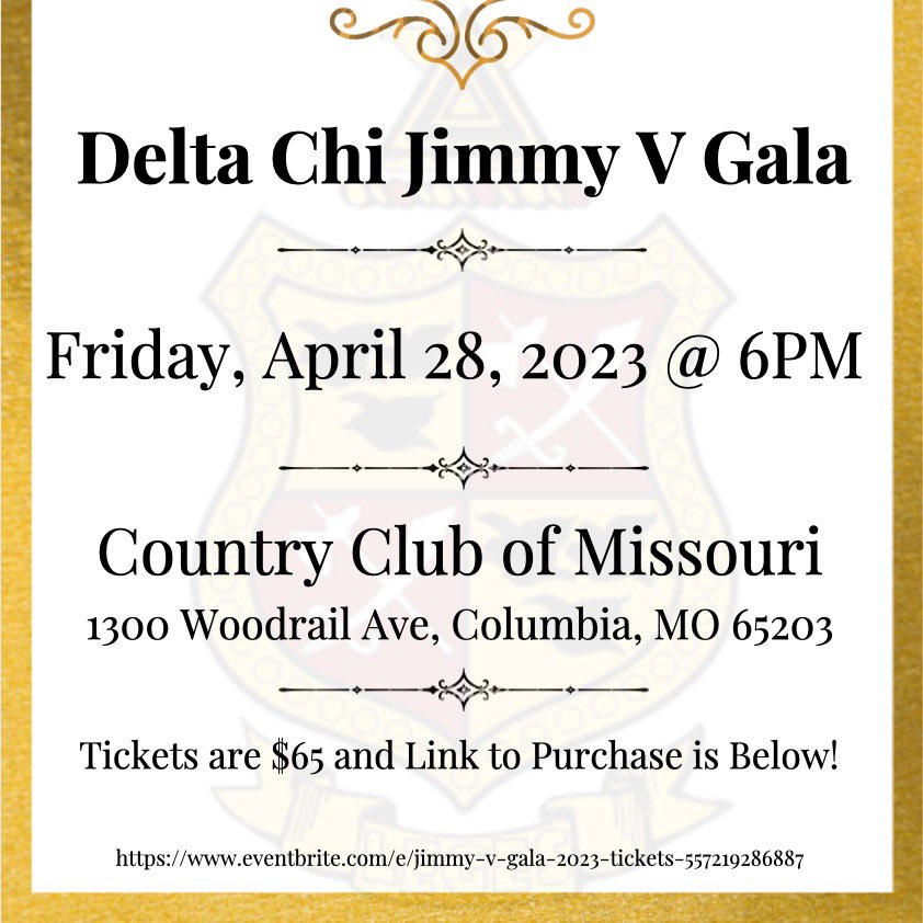 The men of the Delta Chi Missouri Chapter are excited to announce the return of the Jimmy V Gala. The formal dinner will feature guest speakers, a silent auction, and more!

Tickets:
eventbrite.com/e/jimmy-v-gala…

Donate:
deltachivfoundation.crowdchange.co/30087