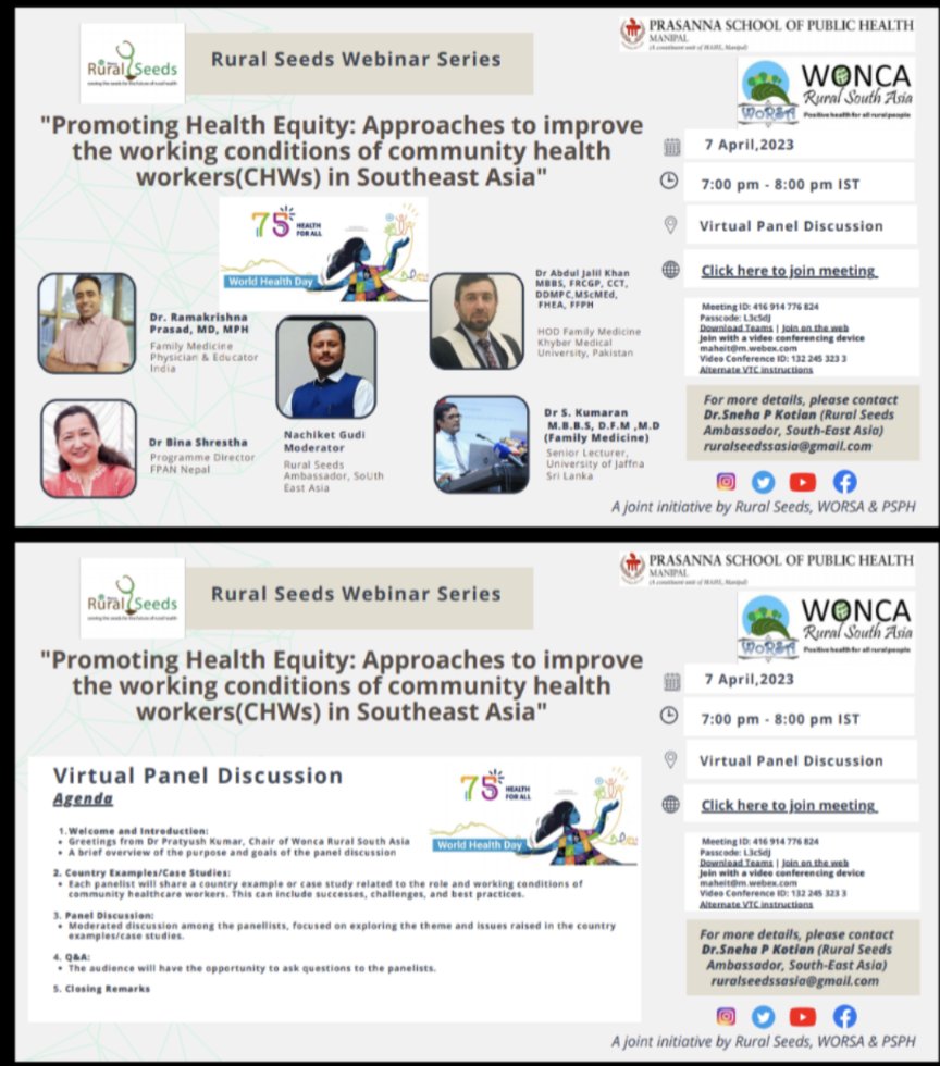 Rural Seeds (@ruralseeds) on Twitter photo #Ruralhealth webinar series 🚨
Join us on the 7th April at 7pm IST.
The topic is: Promoting #healthequity - approaches for improving working conditions for #communityhealthworkers in Southeast Asia
<a href="/RuralWonca/">Rural Wonca</a> <a href="/EURIPA_EURIPA/">EURIPA</a> <a href="/WoRSAcares/">WoRSA</a> <a href="/WoncaWorld/">WONCA</a> <a href="/WoncaTRM/">The Rajakumar Movement</a> #Ruralhealth webinar series 🚨
Join us on the 7th April at 7pm IST.
The topic is: Promoting #healthequity - approaches for improving working conditions for #communityhealthworkers in Southeast Asia
<a href="/RuralWonca/">Rural Wonca</a> <a href="/EURIPA_EURIPA/">EURIPA</a> <a href="/WoRSAcares/">WoRSA</a> <a href="/WoncaWorld/">WONCA</a> <a href="/WoncaTRM/">The Rajakumar Movement</a>