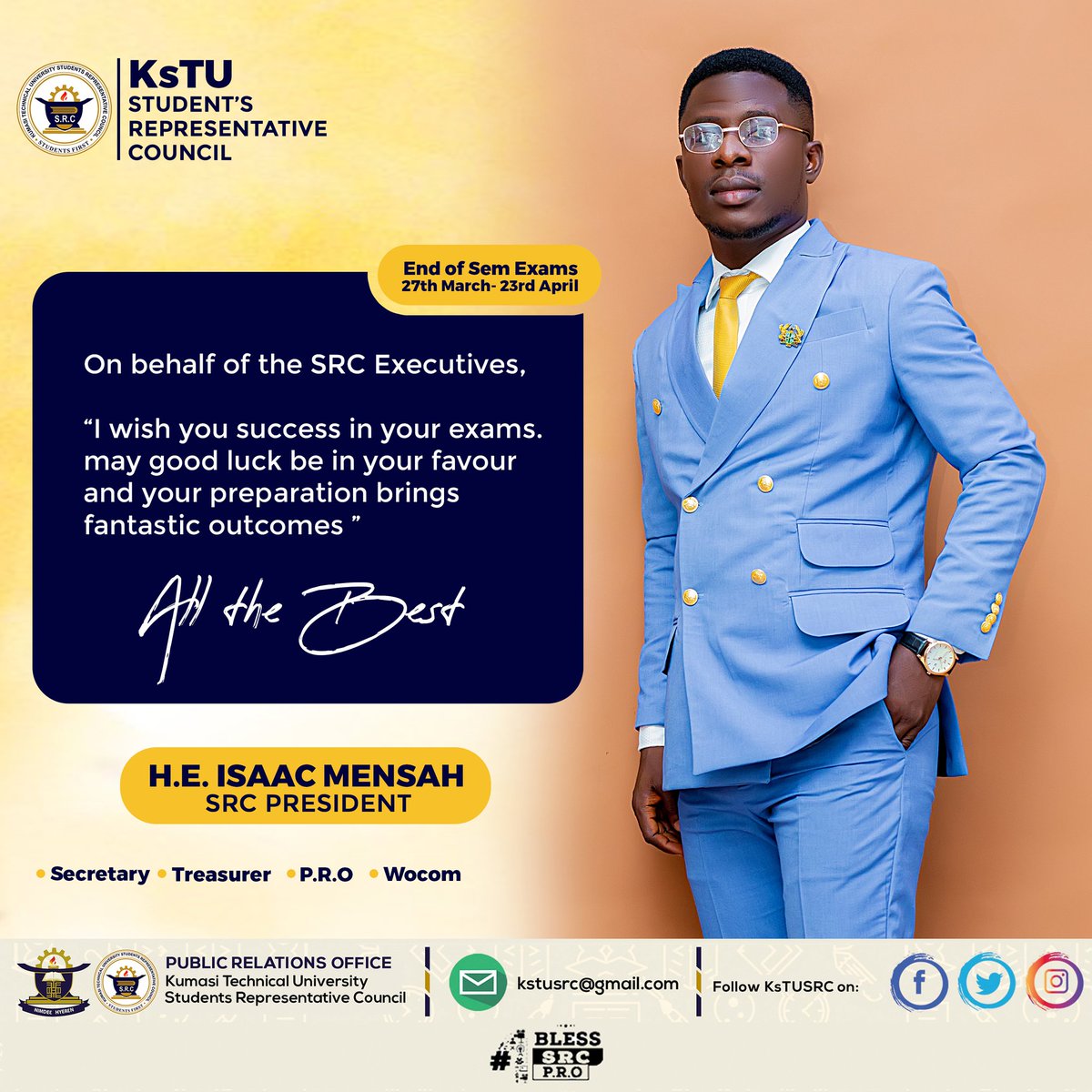 kstusrcofficiel's tweet photo. KsTU SRC wish the entire students populace 
The best of LUCK in their END OF FIRST SEMESTER EXAMINATION, 2022/2023 ACADEMIC YEAR

WHAT ARE YOUR EXPECTATIONS IN THIS EXAMS ? 🤩🤩🤩 https://t.co/YSazQ4Fq3X