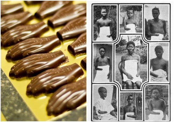 Belgium, they used to cut off your hand or your child’s hand if you didn't fill your quota for the day in Democratic Republic of the Congo. They sell “chocolate hand” candies today. If you don't think that’s absolutely DIABOLICAL then i don't know what to tell you.