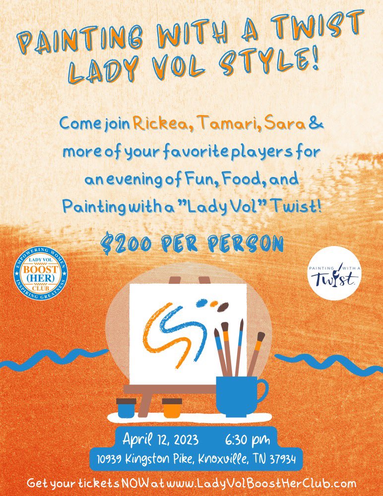 Hey Lady Vol Fans! Come paint with us at another fun Lady Vol Boost Her Club event.  Can’t wait to see y’all there!! @ladyvolbhc