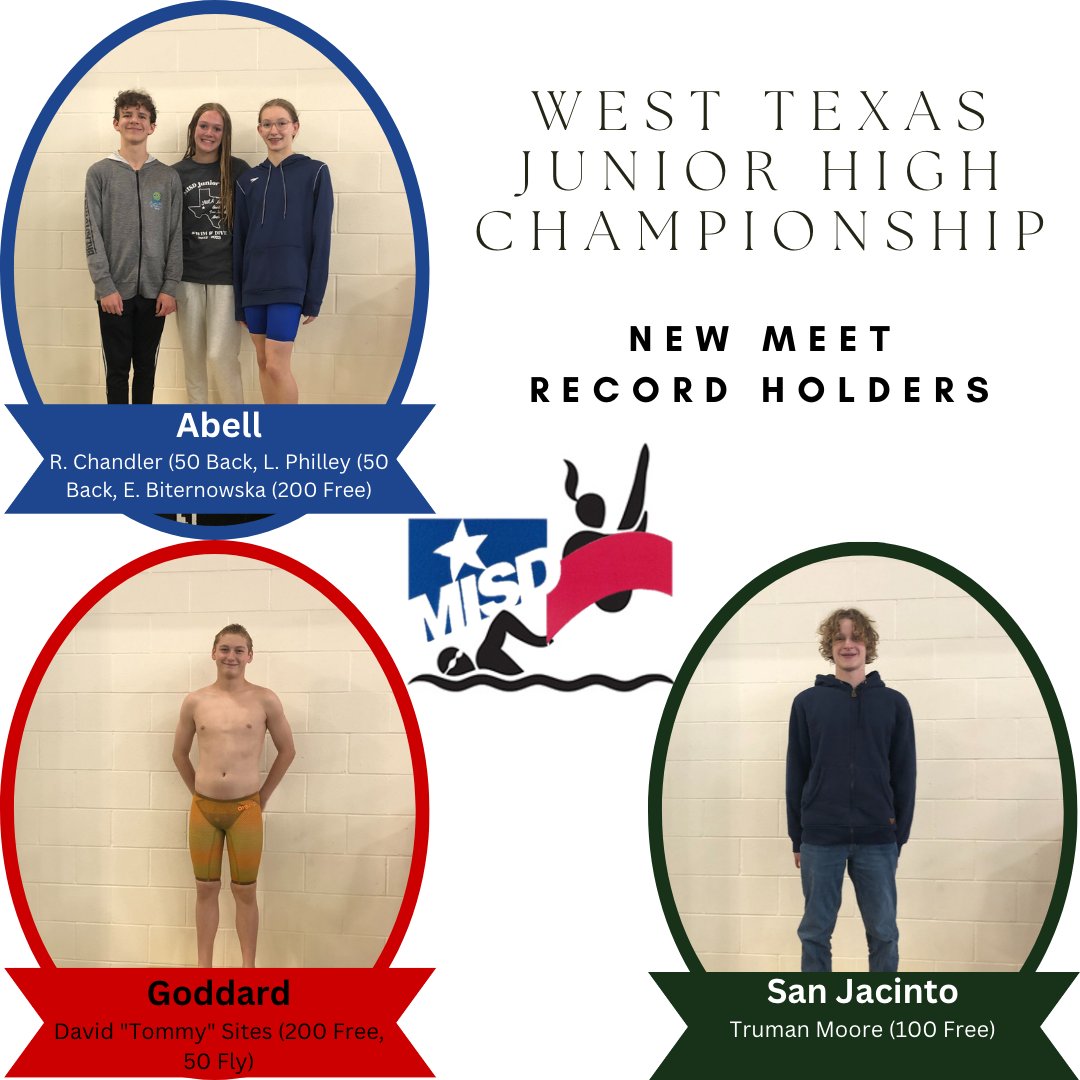 MISDSwimDive's tweet photo. Another great day for @Midland_ISD Junior High Swimming! Five swimmers set meet records at the West Texas Junior High Championship!

@AbellJHS - Ryan Chandler, Lauren Philley, Elizabeth Biternowska
@GoddardJH - Tommy Sites
San Jacinto - Truman Moore
#newmeetrecord @AthleticsMISD https://t.co/A2NgxO1NBb