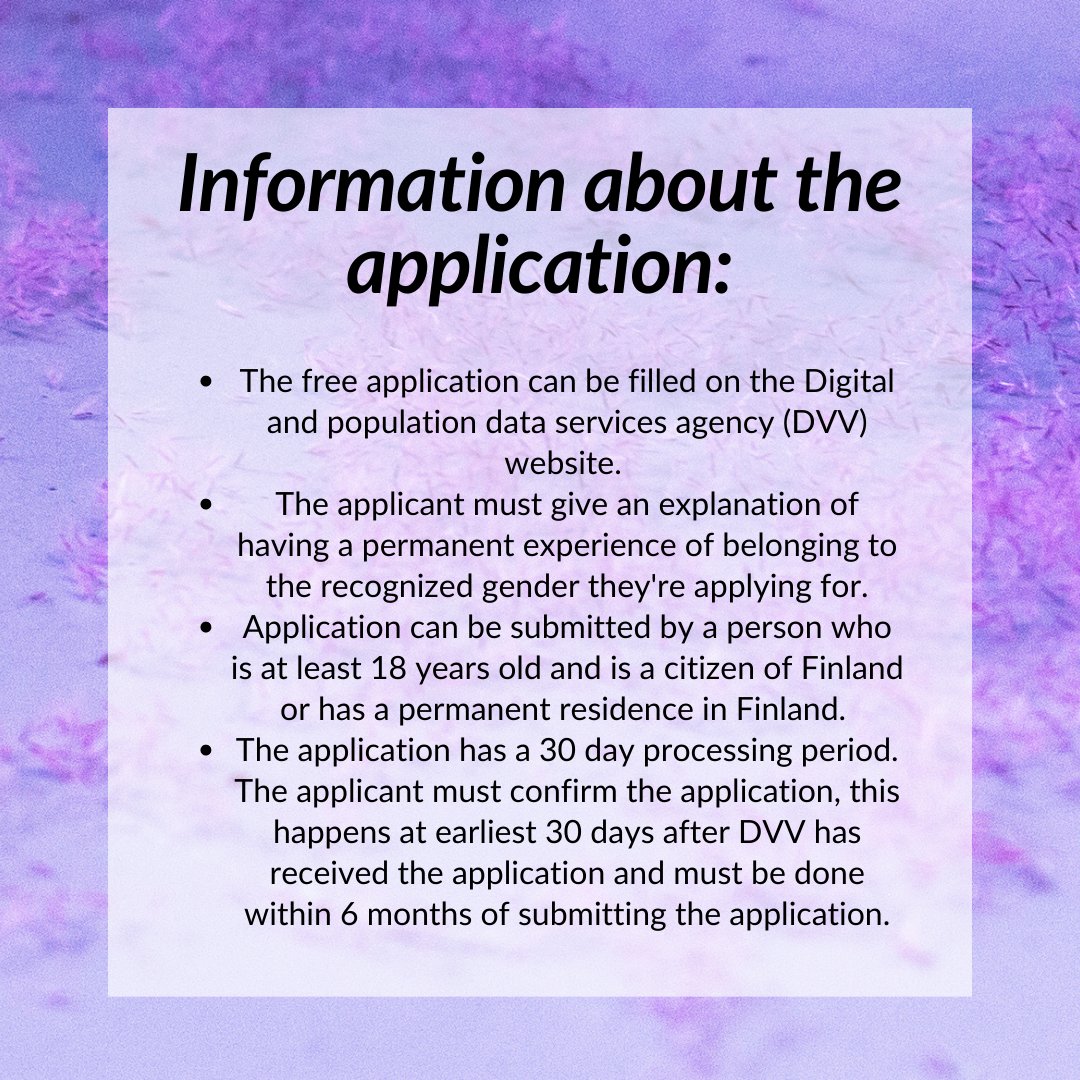 Uusi translaki astui voimaan 3.4 ja hakemuksen sukupuolen vahvistamisesta voi jättää jo tänään!

DVV:n sivuilta löytyy tarkempaa tietoa ja meihin voi ottaa yhteyttä nettisivujemme kautta, autamme mielellämme aiheeseen liittyvien kysymysten kanssa!