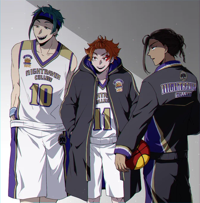 バスケ部クラブウェアってことなら部ジャー&ベンチコート&白ユニもついでに悪役チームな顔も見たいな〜〜を全部詰め込んだヤツ#twstファンアート 