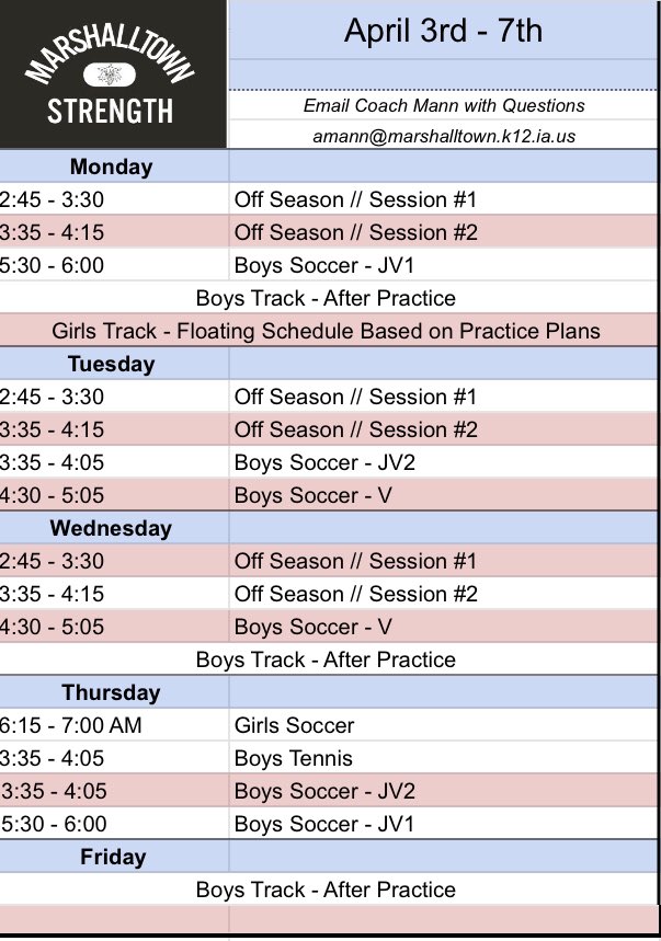 This weeks weight room schedule.