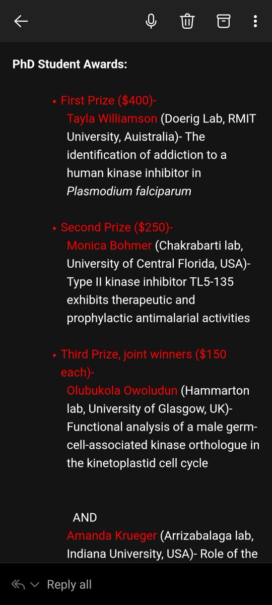 DoerigLab's tweet photo. Congratulations to Tayla Williamson for winning the First Prize in the PhD. Student category in the recently concluded Protein Kinase of Parasitic Protozoa V Conference at the @UCF  🇺🇸! Her research on kinase inhibitors in Pf is truly groundbreaking @RMIT  @ResearchRMIT #malaria https://t.co/WwgMJ6B5E7