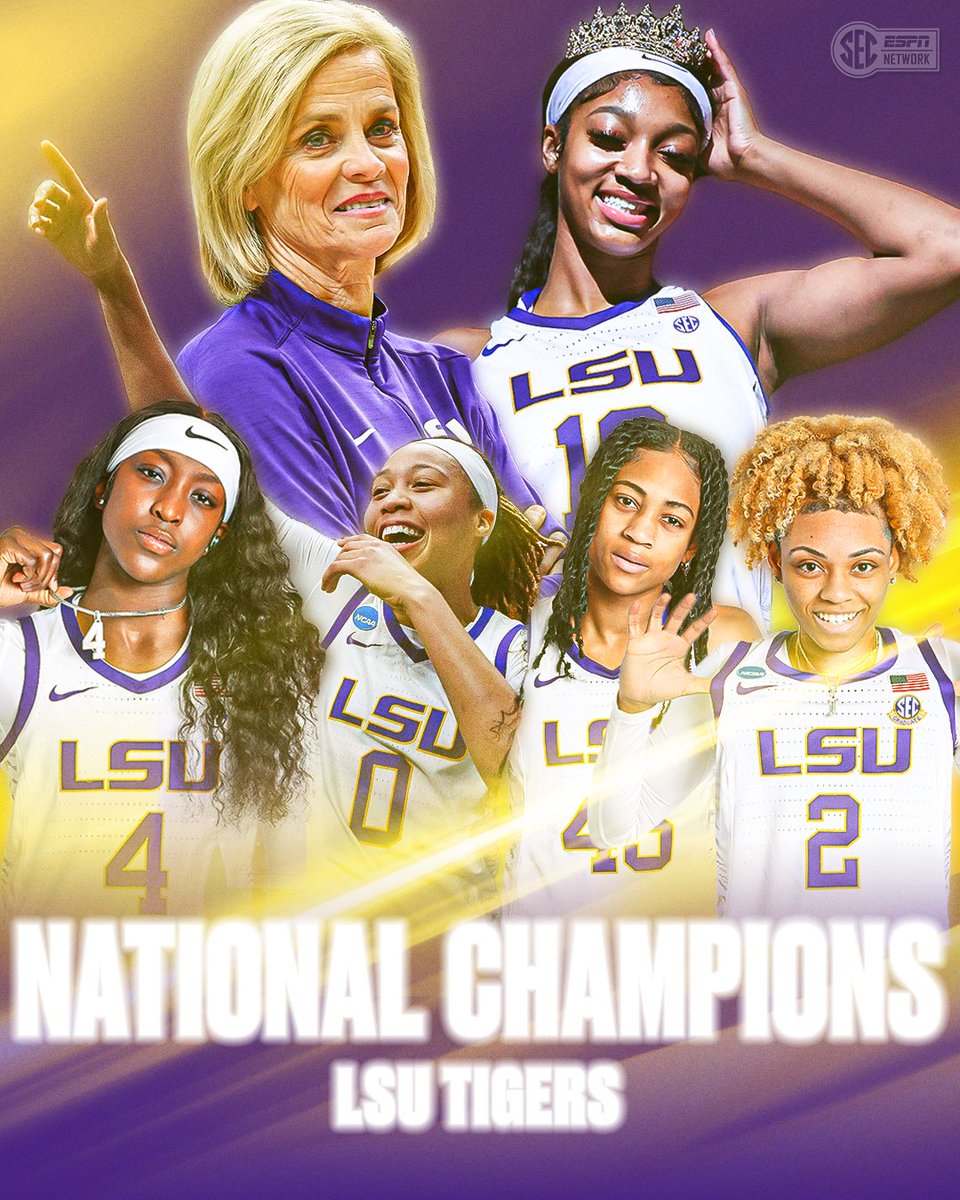 SECNetwork's tweet image. THE LSU TIGERS ARE NATIONAL CHAMPIONS 🏆

FIRST NCAA TOURNEY TITLE IN @LSUwbkb HISTORY 👏