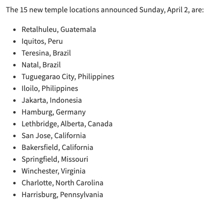 ldsconf's tweet photo. 15 new temples announced by President Nelson at #GeneralConference. https://t.co/LaYvgX9a1I