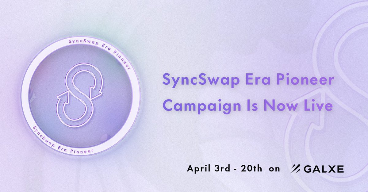 We are thrilled to announce the SyncSwap Era Pioneer Campaign! 🎉🔥 The exclusive badge for the true pioneers in the new era #zkSync 🧭 Details & Guide 📚 mirror.xyz/0x000002c34bAE… Campaign on @Galxe 🌌 galxe.com/SyncSwap/campa…