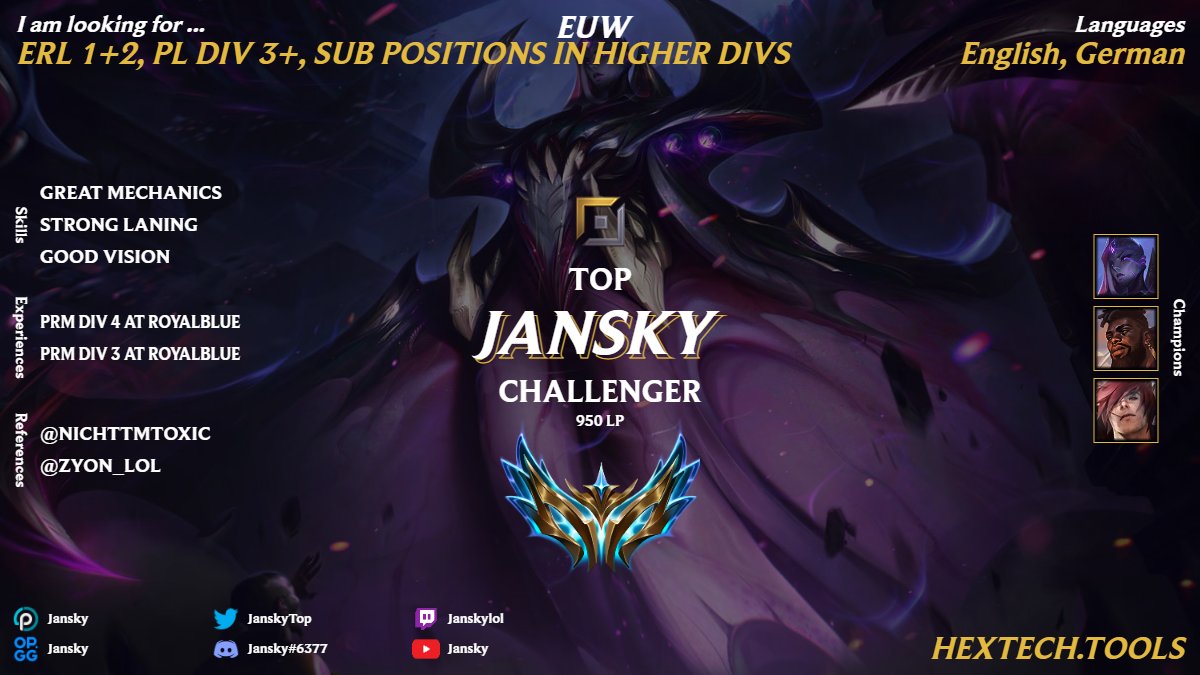 After 2 Splits with <a href="/RoyalBlue_GG/">RoyalBlue</a> I am exploring options as Toplaner for the upcoming summer split '23  
Refs:  <a href="/NichtTmToxic/">TmToxic</a> <a href="/Zyon_LoL/">Zyon</a> 
RT's are appreciated <3
Easier to reach on Discord: Jansky#6377
lolpros.gg/player/jansky
<a href="/lft_prime/">Prime League LFT</a>