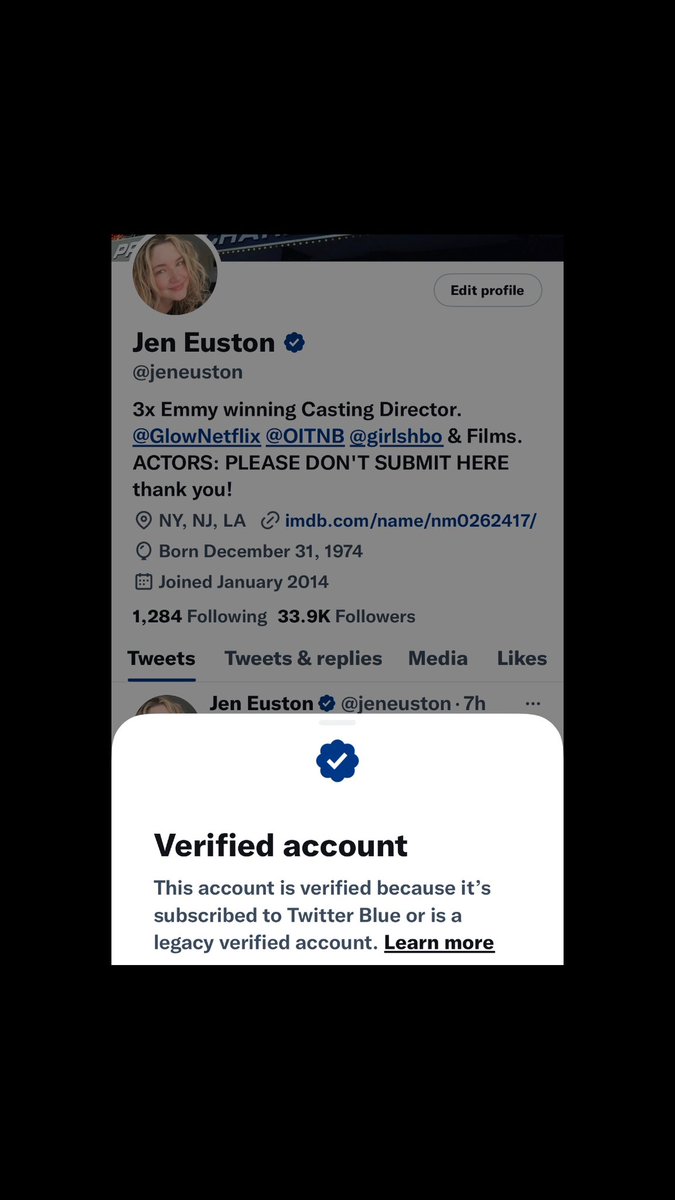 jeneuston's tweet photo. hey, 
legacy checkmarks:
look what it says now when you click on your✔️
i want to be very clear that i did not and i will never pay for verification.
this is my only account on here. all others are fake but you won’t be able to tell now because they can pay 8 bucks or whatever. https://t.co/5ydkukIq0l