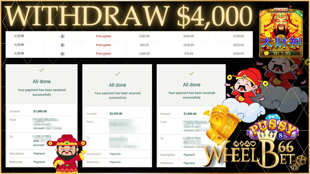 WheelBet66's tweet photo. ⭐️ WheelBet66 Aus  🌍

❤️ Congratulations To One Of Our Wheeler Who Successfully Withdrawn $ 4,000.00 Recently 🥶

🌼 PUSSY888 : Da Cai Shen  🥰

 ✈️ Try Them Out Now To Become The Next Winning Wheeler  

🌙 Become A Wheeler , Win As A Wheeler  💫 https://t.co/aKMi0ICZg4