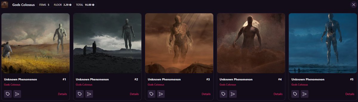 daftcryptopunk's tweet photo. I don't care if there is no utility for these Gods Colosus. The artwork was too good to not have a complete set of. 

There can only ever be 100 sets of these. I'm happy to have one. 

#GodsSunday @TheFracture_ 
#ooommm https://t.co/zDJBzDXSlN
