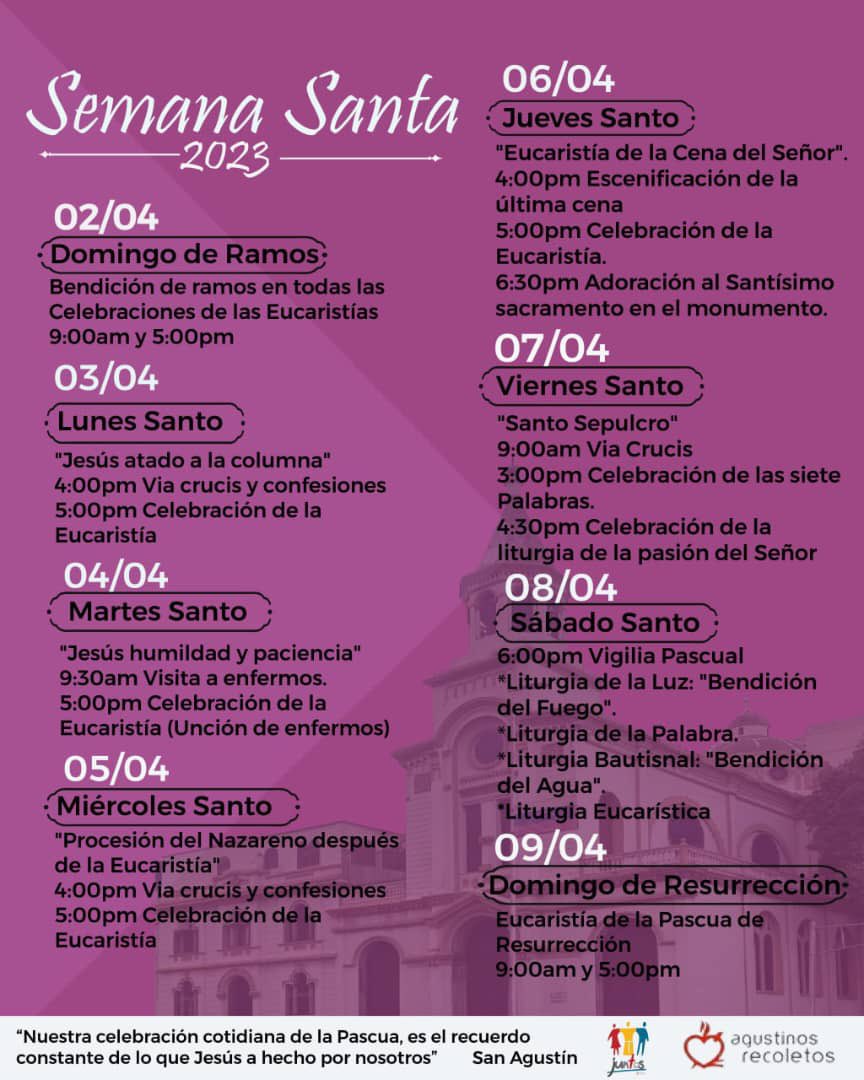 cfrayluisdeleon's tweet photo. ¡Estimada comunidad agustiniana, reciban un cordial saludo! 
Compartimos con ustedes el programa correspondiente a las actividades que estaremos realizando durante la #SemanaSanta2023 en nuestra Iglesia San Agustín.
Están todos cordialmente invitados. 
¡Les esperamos!📖❤️ https://t.co/a91ZY5ooMA