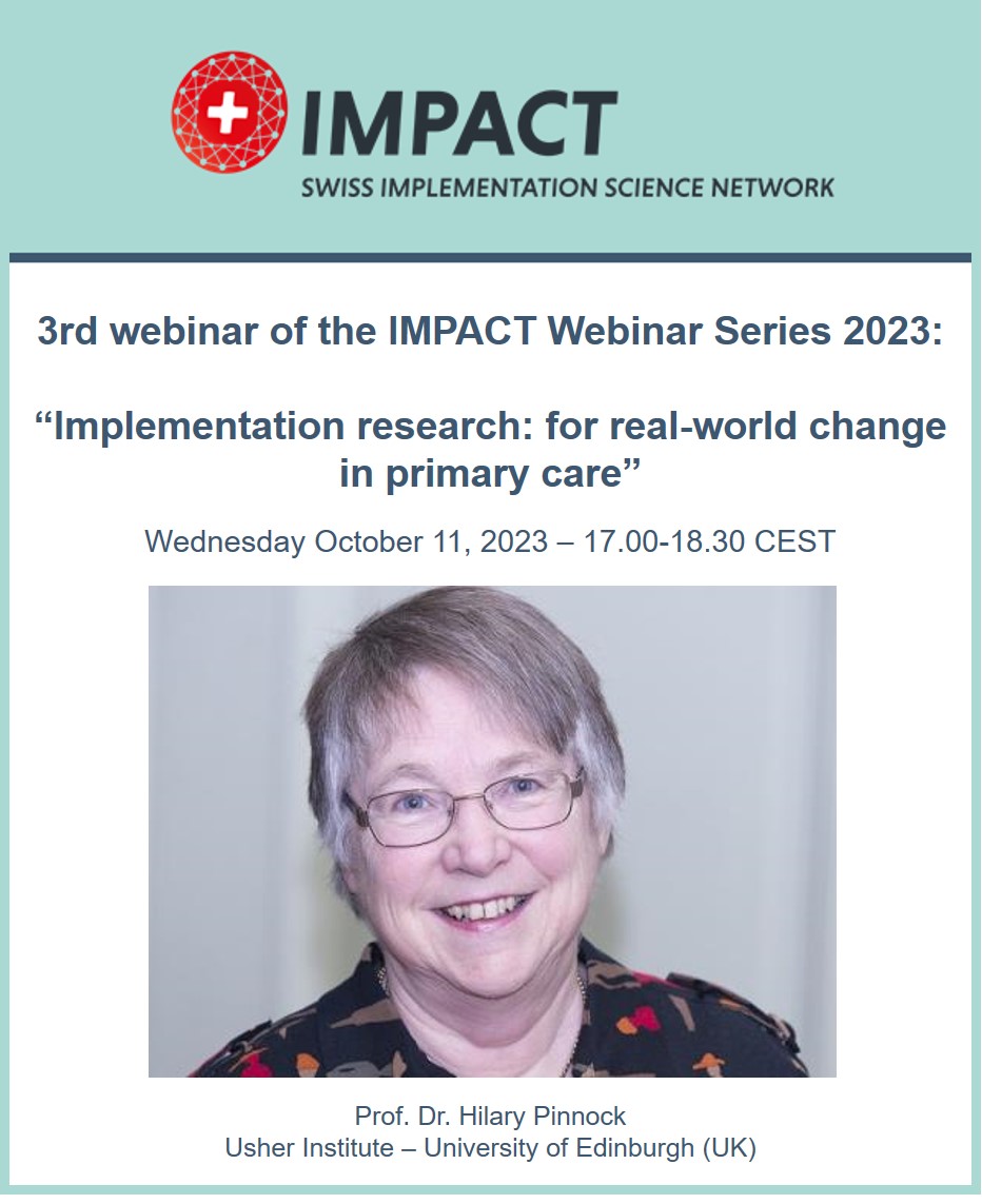 ⏰ One week left to register for the 3rd webinar of the Swiss Implementation Science Network (IMPACT) Webinar Series 2022.
Prof. Dr. Hilary Pinnock will talk on #ImpSci in #primary care.
👉🏽 Registration: impact-dph.unibas.ch/events/
@NursingUnibas