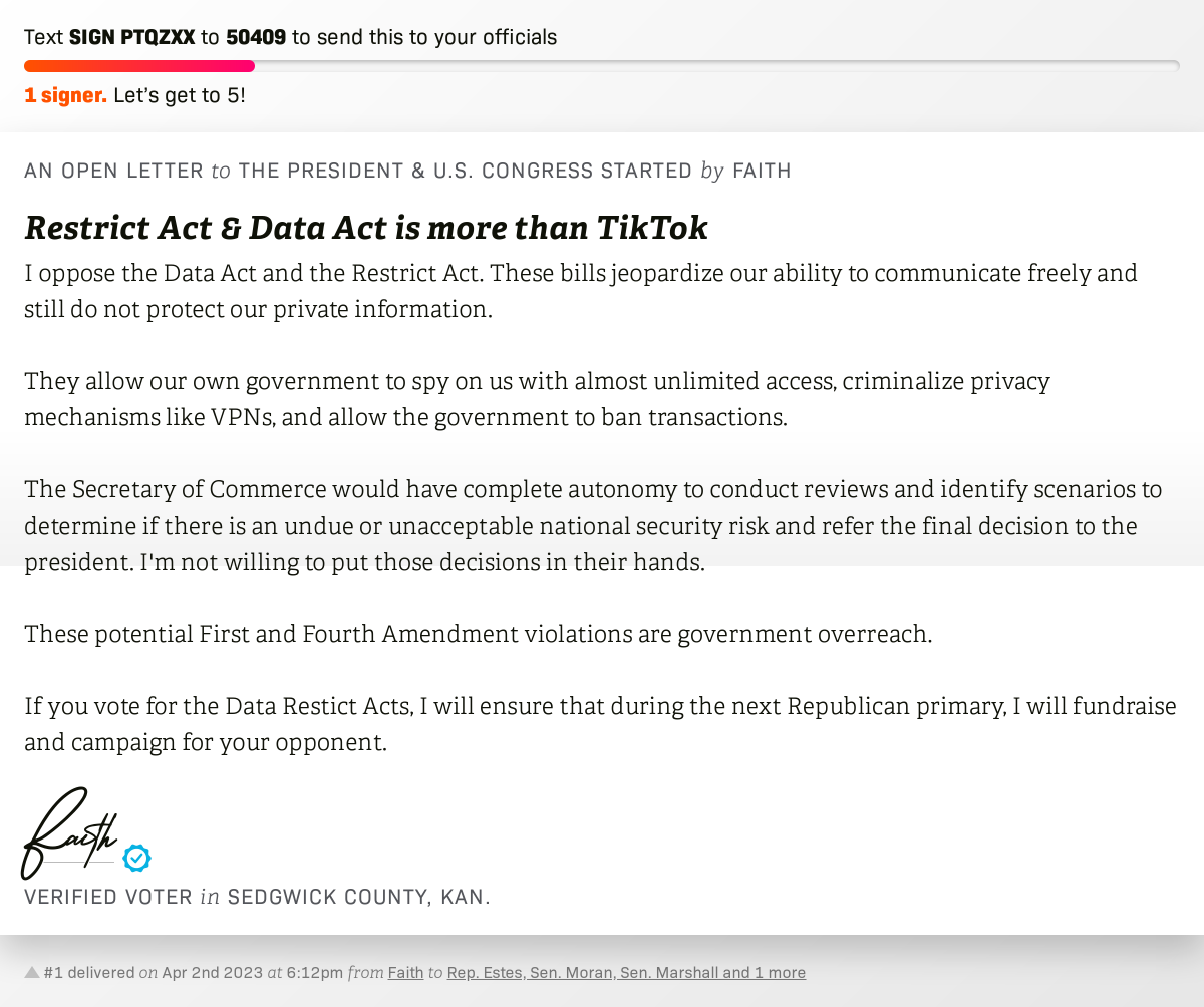 openletterbot's tweet photo. ๐ Sign Restrict Act & Data Act is more than TikTok and I'll deliver a copy to your officials: https://t.co/01eUEAGWA8 ๐จ No. 1 is from Faith to @RepRonEstes, @JerryMoran, @SenatorMarshall and 1 more #KSpolitics #KSpol #KSpoli https://t.co/mmOaMbHecY