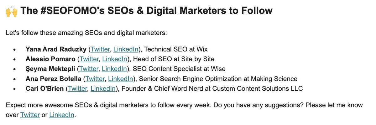 Today's #SEOFOMO awesome SEOs to follow are: 

@RaduzkyYana 
@alepom 
@SMektepli 
@anaperezbotella 
@TheCariOBrien 

Follow. Them. Now. 🙌🤩