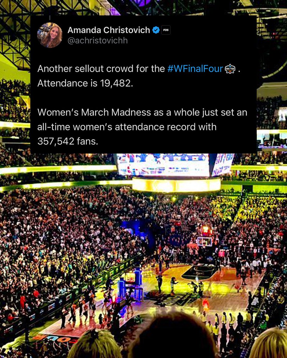 togethxr's tweet photo. 🗣 357,542 ALL-TIME ATTENDANCE RECORD

@MarchMadnessWBB fans can't stop making history this weekend 🏀 

#NationalChampionship I #WFinalFour https://t.co/3uVper5Tnb