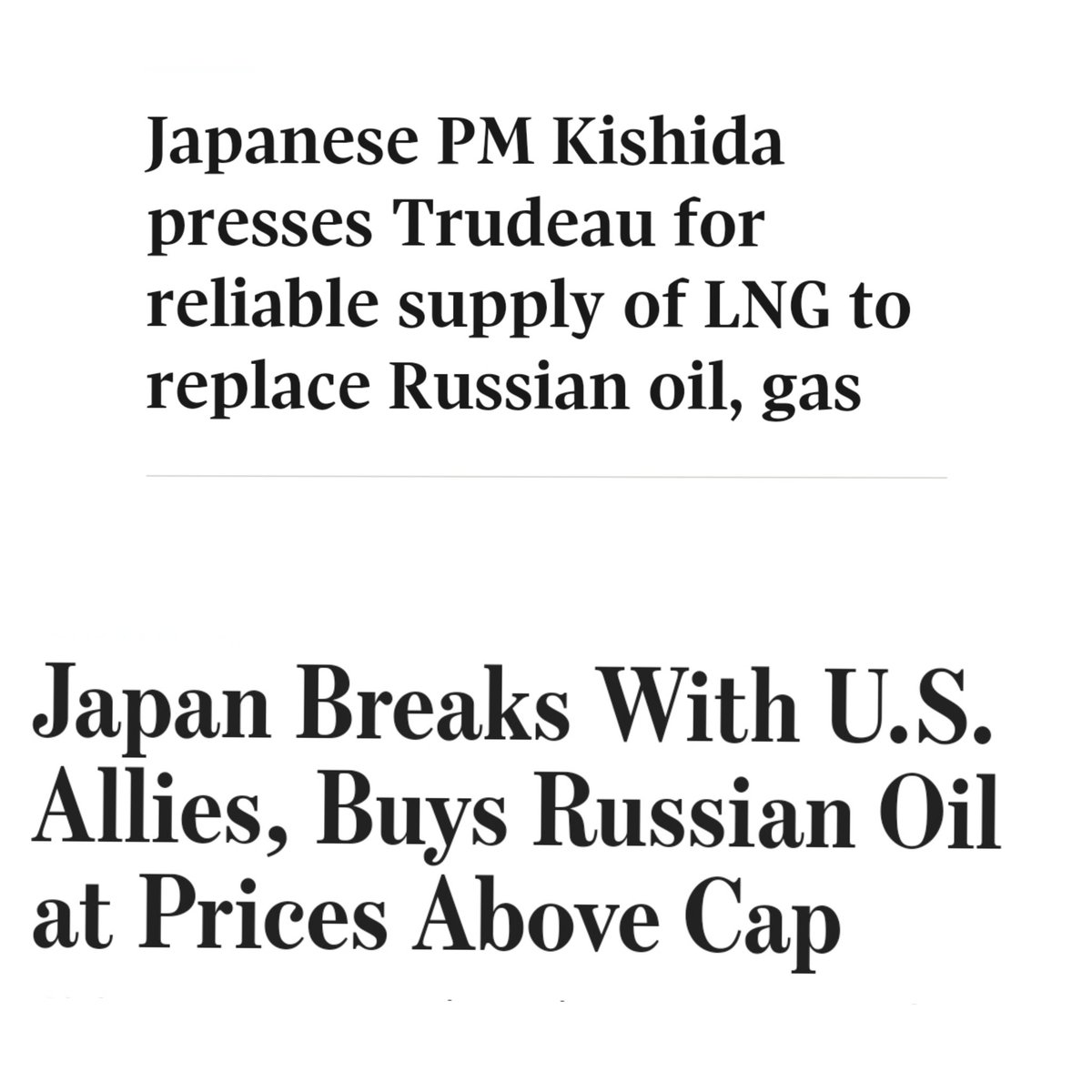 KirkLubimov's tweet photo. Japan's Prime Minister came to Canada to talk economics, trade, oil&amp;gas.

Justin Trudeau sent him away and Canada empty handed.

Now Japan is buying oil from Russia.
Maybe Trudeau will get a thank you card from Putin.

#cdnecon https://t.co/dS7omWE4vT