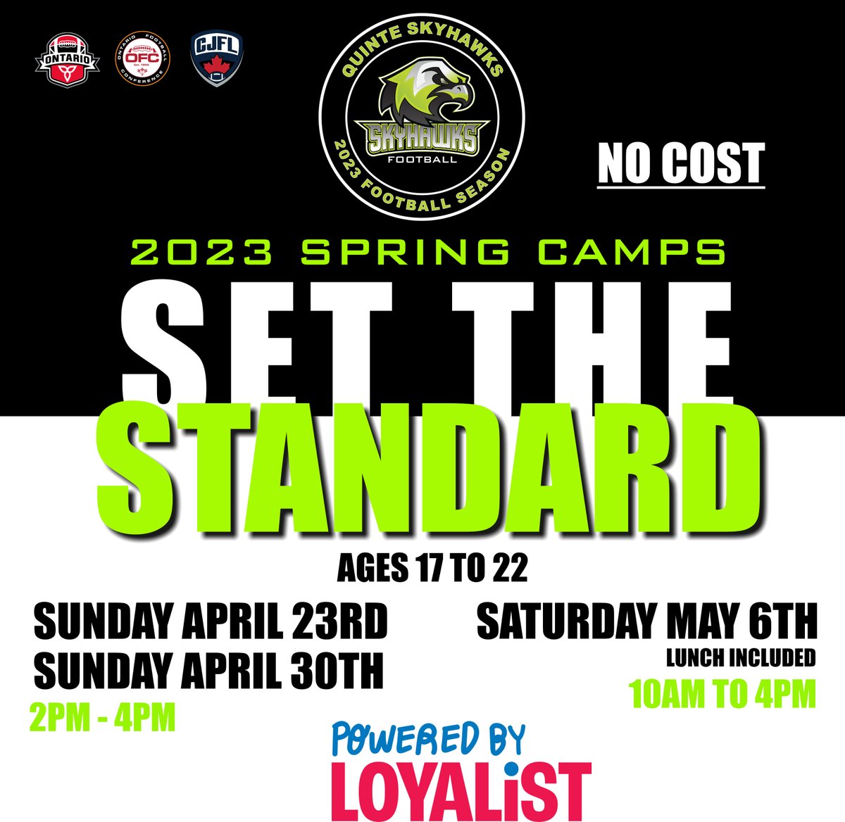 Registrations are now open for our spring camps! Contact Coach <a href="/SeanMellor14/">Sean Mellor</a>  to register! Open to anyone ages 17 -22  looking to play this fall! New Season, New Standard! #poweredbyloyalist